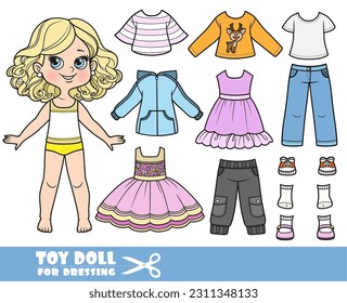 Cartoon blond girl und Kleider einzeln - Kleider, lange Ärmel, Hemden, Sandalen, Jacke, Jeans und Turnschuhe zum Anziehen