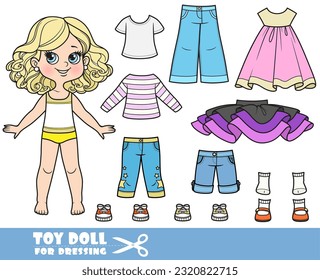 Chica rubia de caricatura y ropa por separado - vestido rosado, camisetas, sandalias, falda turu, pantalones cortos, jeans y zapatillas de deporte muñeca para vestir