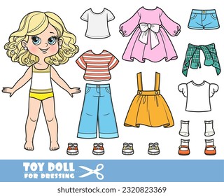 Cartoon blond girl  and clothes separately -   long sleeve pink dress,  t-shirts, sandals, skirt, shorts, shirt, jeans and sneakers doll for dressing