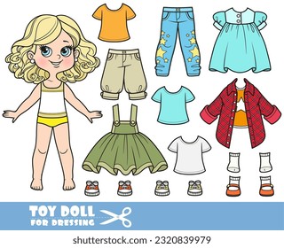 Cartoon blond girl  and clothes separately - dress, shirts, sandals, skirt, breeches, shirt with long sleeves, jeans and sneakers doll for dressing