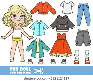 Caricatura rubia y ropa por separado - vestido, camisas, sandalias, calzones, camisa con mangas largas, vaqueros y zapatillas muñecas para vestir