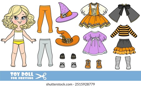 Cartoon blond girl  and clothes separately - witch costume designer with hats, tights and hats . Image produced without the use of any form of AI software at any stage.