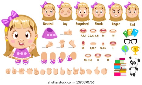 Cartoon blond girl constructor for animation. Parts of body: legs, arms, face emotions, hands gestures, lips sync. Full length, front, three quarter view. Set of ready to use poses, objects.