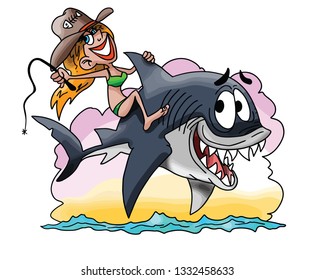 Cartoon blond girl riding a great white shark vector illustration