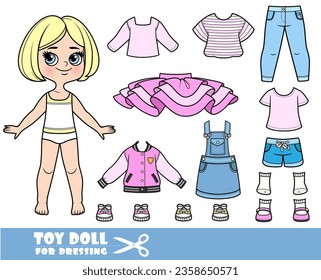 Cartoon blond girl with short bob and clothes separately -   pink long sleeve, tutu, t-shirts, sandals, jacket, shorts,jeans and sneakers