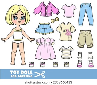 Cartoon blond girl with short bob and clothes separately -   pink long sleeve, breeches, sandals, jacket, dress, jeans and sneakers