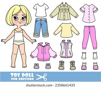 Chica rubia de caricatura con manga corta y ropa por separado - manga larga, calzoncillos, chaqueta de vaquero y deporte, chaleco, sandalias, jeans y zapatillas