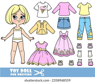 Chica rubia de caricatura con perilla corta y ropa por separado -   vestidos, camisas, manga larga, falda, sandalias, vaqueros y zapatillas de deporte