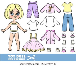 Cartoon blond girl with short bob and clothes separately -   shirts, long sleeve, breeches, skirt, sandals, jeans and sneakers 