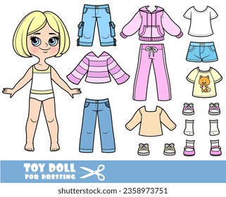 Cartoon blond girl with short bob and clothes separately -    shirts, long sleeve, sandals, jeans and sneakers