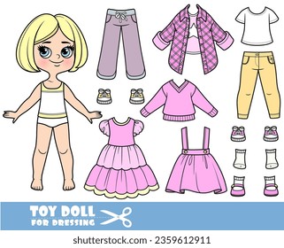 Cartoon blond girl with short bob and clothes separately -   pink shirts, long sleeve,  skirt, sandals, jeans and sneakers