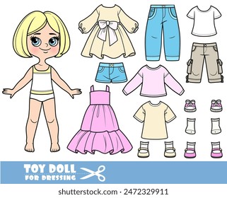 Cartoon blond girl with short bob and clothes separately - dress, sundress,shirts, long sleeve, sandals, jeans and sneakers. Image produced without the use of any form of AI software at any stage