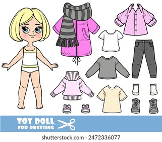 Cartoon blond girl with short bob and clothes separately - coat with scarf,shirts, long sleeve, sandals, jeans and sneakers. Image produced without the use of any form of AI software at any stage