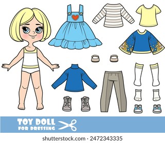 Cartoon blond girl with short bob and clothes separately - turtleneck, blouse with embroidery, trousers, sandals, boots and sneakers. Image produced without the use of any form of AI software at any s