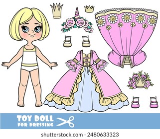 Cartoon blond girl with short bob and clothes separately - princess crowns and dresses. Image produced without the use of any form of AI software at any stage