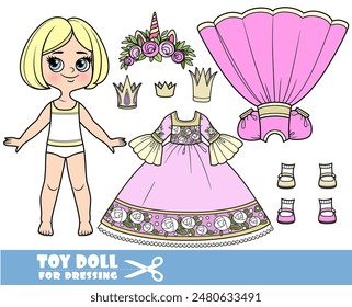 Cartoon blond girl with short bob and clothes separately - princess crowns and pink dresses . Image produced without the use of any form of AI software at any stage.