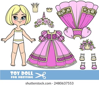 Cartoon blond girl with short bob and clothes separately - princess crowns with flowers and ball dresses. Image produced without the use of any form of AI software at any stage.