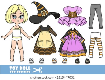 Cartoon blond girl with short bob and clothes separately - Halloween witch costume. Image produced without the use of any form of AI software at any stage.