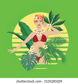 Cartoon blond girl wear leopard print bikini with tropical leaves and flowers illustration.