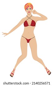 Cartoon Blond Girl Wear Leopard Print Bikini Illustration.