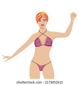 Cartoon Blond Girl Wear Leopard Print Bikini Illustration.