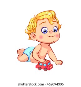 Cartoon blond little baby boy in diaper crawling and playing with a red toy car. Baby games in the first year of life. Colorful vector illustration isolated on white background.
