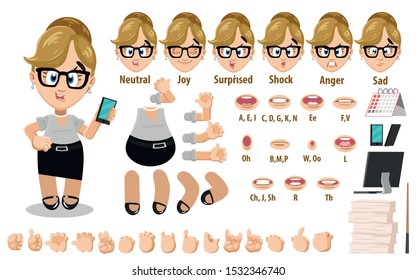 Cartoon blond secretary constructor for animation. Parts of body: legs, arms, face emotions, hands gestures, lips sync. Full length, front, three quarter view. Set of ready to use poses, objects.