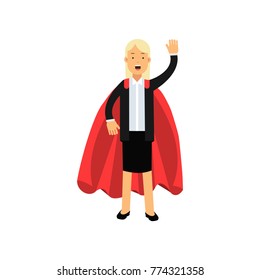 Cartoon blond woman character in black skirt suit with red superhero mantle. Cheerful business lady waving by hand. Team leader. Flat vector illustration