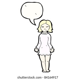 cartoon blond woman in night shirt with speech bubble