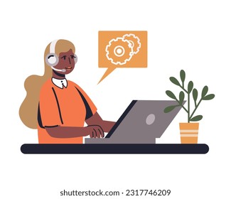 Cartoon blonde african woman working as hotline operator adviser. Customer support department staff. Online technical support. Professional telemarketing agent. Vector