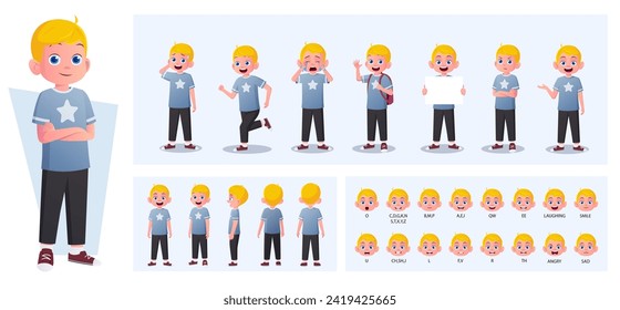 Cartoon Blonde Boy Character Constructor and Animation Pack with Gestures, Emotions and Actions. Little Boy Side, Front, Rear View. Movable Parts for Animation and Lip-Sync Vector Illustration.