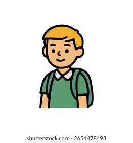 Cartoon personagem menino loiro com camisa verde e mochila escolar, ilustração estudante sorridente em estilo vetor plano