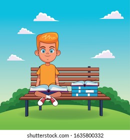 cartoon blonde boy reading a book sitting on a bench over landscape background, colorful design, vector illustration