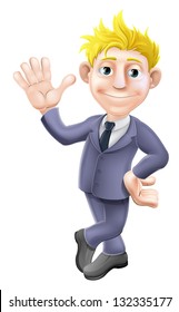 A Cartoon Blonde Business Man Mascot In A Suit Waving