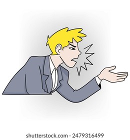 Cartoon of a blonde businessman in a suit, angrily gesturing. Ideal for business and conflict-themed designs.