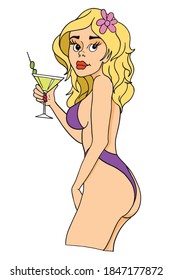 Cartoon Blonde Girl In Bikini Holding Glass Of Martini