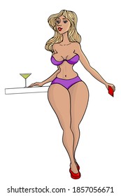 cartoon blonde girl in bikini holding glass of martini