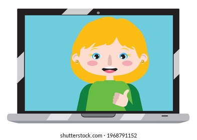 Cartoon blonde girl on laptop screen, chatting online, distance technology concept.