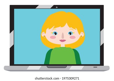 Cartoon blonde girl on laptop screen, chatting online, distance technology concept.