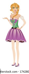 Cartoon blonde girl in spring dress of purple and green color.