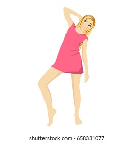 Cartoon blonde girl standing in pink dress raising her hand behind her head isolated white background 
