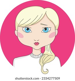 Cartoon blonde haired girl with blue eyes. Girl avatar in a circle. Hand drawn vector illustration