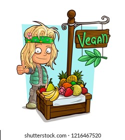 Cartoon blonde hippie character and vegan fruit vendor booth or shop market with text sign. Vector icon for game.