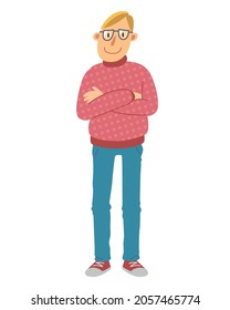 cartoon blonde man with glasses standing with his arms crossed