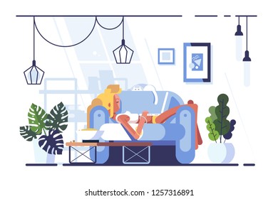 Cartoon blonde relaxing with laptop on sofa. Young woman lying on bed and using notebook flat style vector illustration. Social media communication concept