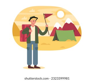 Cartoon blonde tourist guy with flag and backpack goes to tent city. People spending time discovering new places. Time for summer holidays. Vector illustration