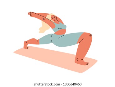 A cartoon blonde in a tracksuit stretching out on a gymnastic mat. The girl is standing in a pose pulling her arms back, her legs are stretched. Vector stock illustration isolated on white background.