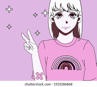 Cartoon blonde-haired grunge anime girl showing victory hand gesture. Stylish trendy female personage in alternative subculture style.