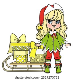 Cartoon blong girl in New Year Elf costume with sleigh loaded gifts - elements of the costume, girl and sled separately. Image produced without the use of any form of AI software at any stage.