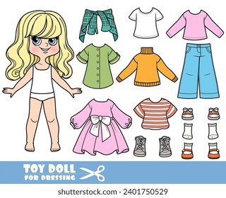 Cartoon blong girl with wavy hair and clothes separately -   long sleeve,  sweater, shirt, elegant dresses, jeans and sneakers